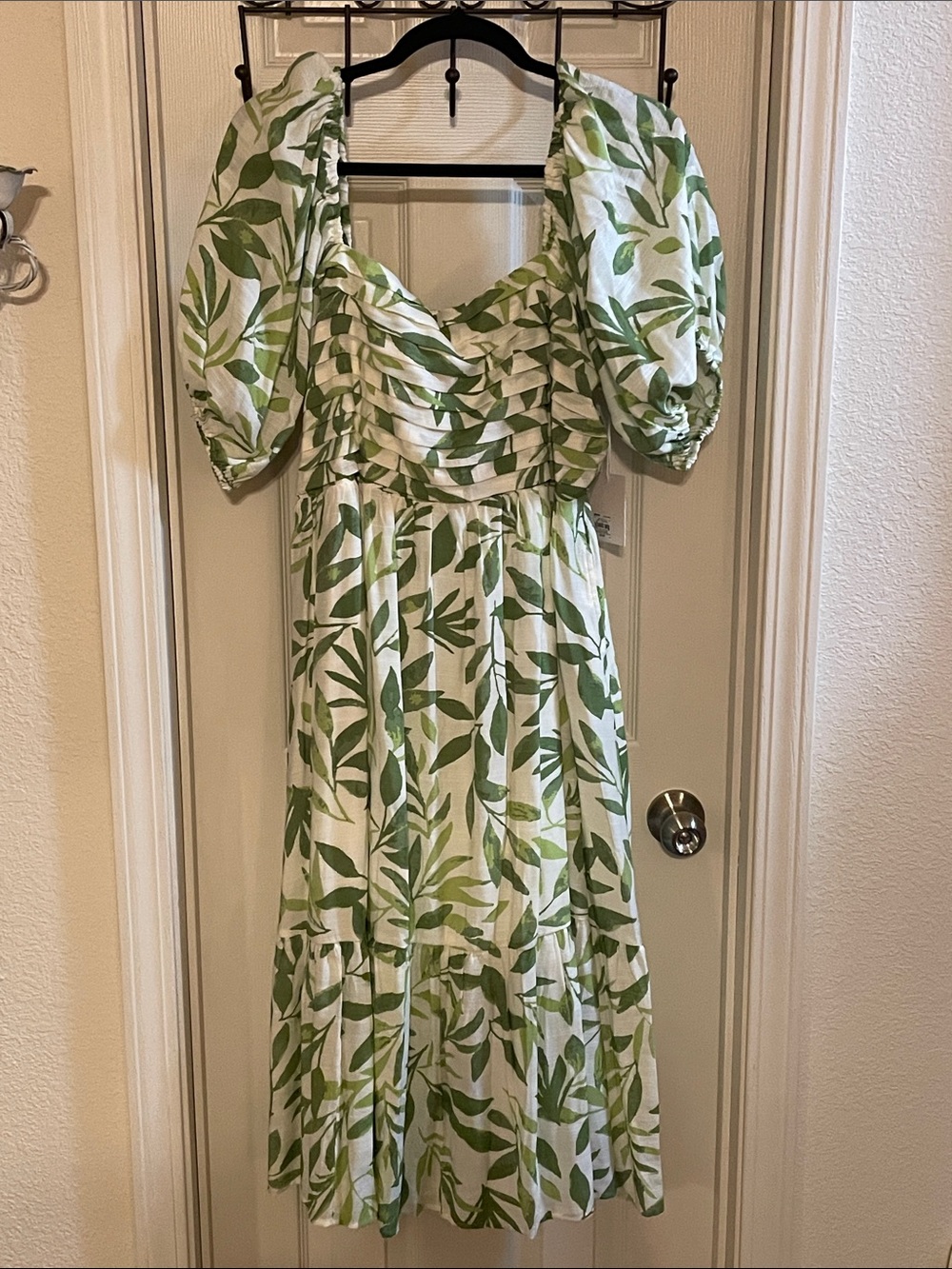 LC Lauren Conrad White Midi Dress with Green Leaf Print